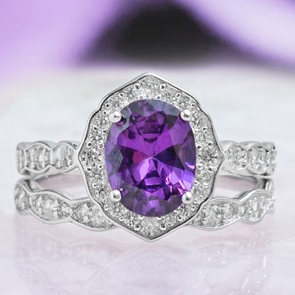 Purple Amethyst gemstone ring set, 925 Sterling Silver - Picture 1 of 9